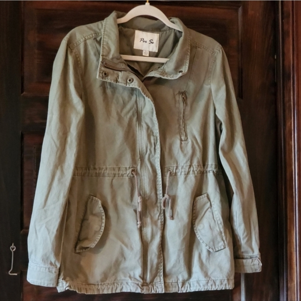 Per Se Canvas Olive Green Utility Jacket Rugged Size Large POCKETS Drawstring - Picture 8 of 16